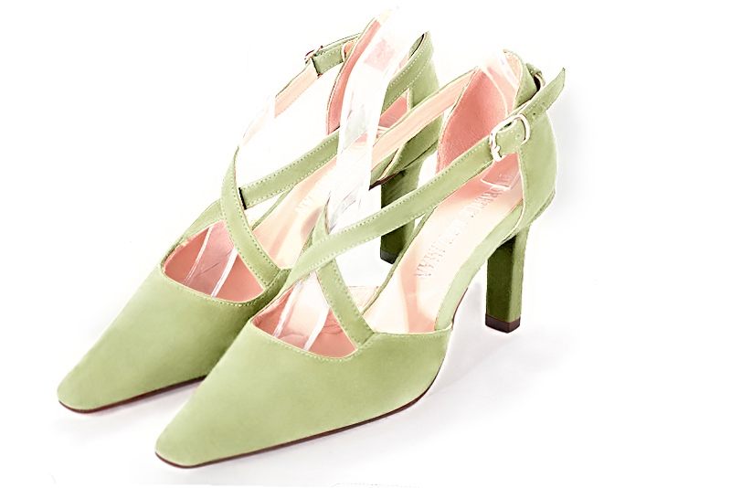 Meadow green women's open side shoes, with crossed straps. Tapered toe. High slim heel. Front view - Florence KOOIJMAN